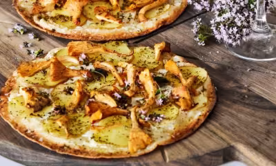 Tortilla pizza with potatoes and chanterelles